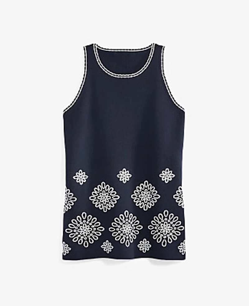 Ann Taylor Floral Embroidered Sweater Shell Top Night Sky Women's