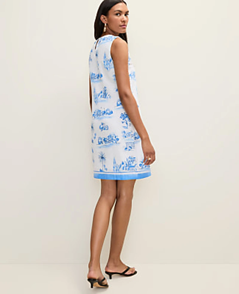 Ann Taylor Weekend Toile Shift Dress Linen Blend Wave Pool Women's