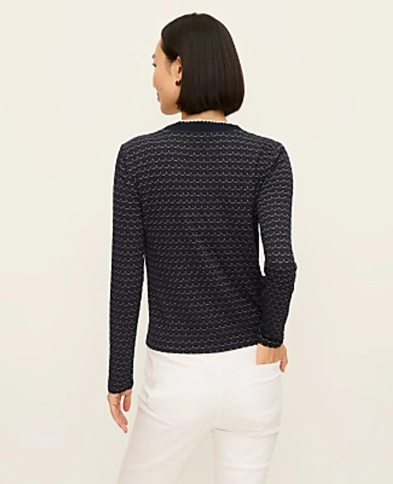 Ann Taylor Petite Scalloped V-Neck Cardigan Navy/Ivory Combo Women's