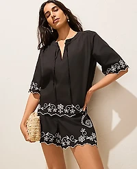 Ann Taylor Embroidered V-Neck Blouse Black Women's