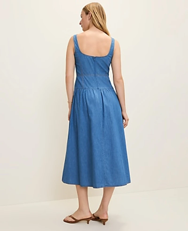 Ann Taylor Weekend Chambray Flare Midi Dress Light Indigo Wash Women's