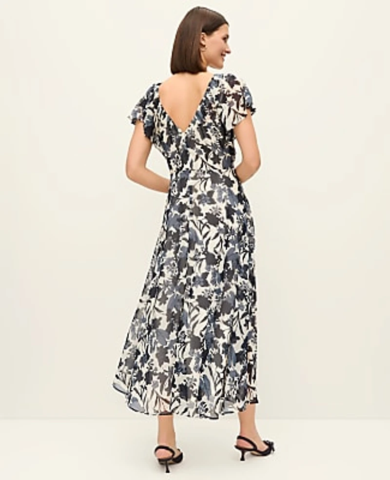Ann Taylor Petite Floral Flutter Sleeve Midi Dress Night Sky Women's