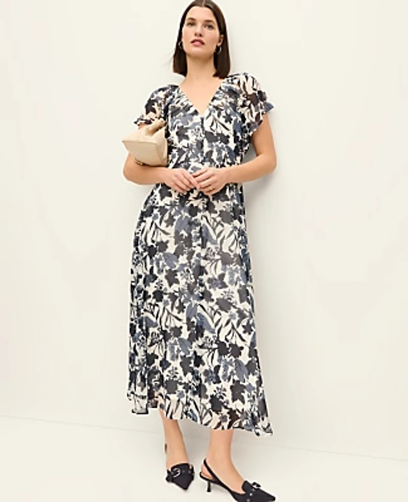 Ann Taylor Petite Floral Flutter Sleeve Midi Dress Night Sky Women's