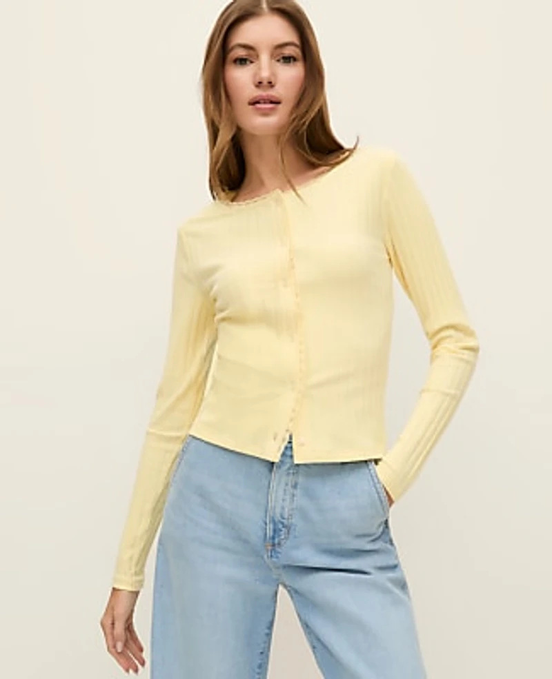 Ann Taylor Petite Weekend Lace Trim Pointelle Cardigan Size Large Sun Soaked Women's