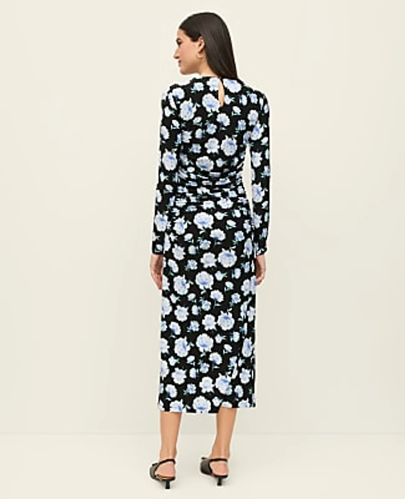 Ann Taylor Petite Floral Ruched Midi Dress Soft Cornflower Women's