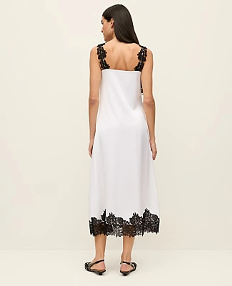 Ann Taylor Petite Lace Trim Satin Slip Midi Dress White Women's