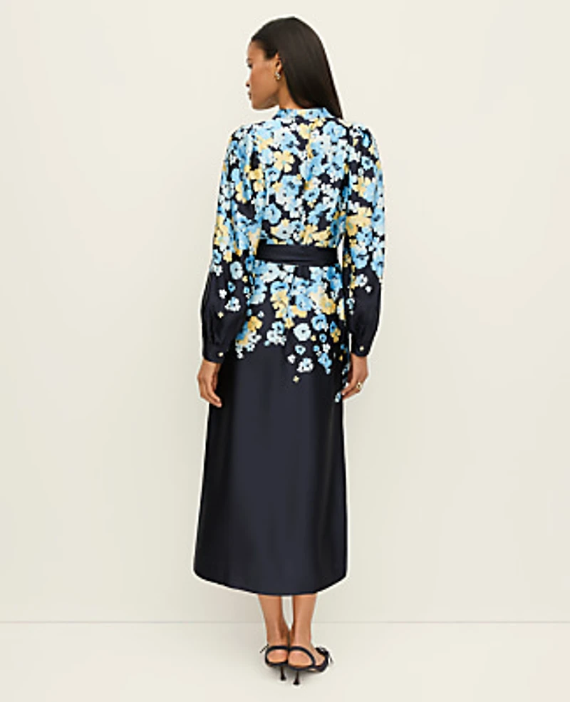 Ann Taylor Petite Floral Satin Midi Shirtdress Sky Gazing Women's