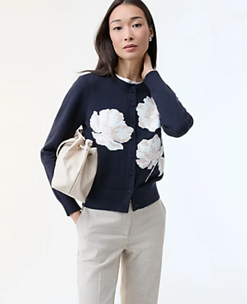 Ann Taylor Petite Floral Cardigan Indigo Dusk Women's