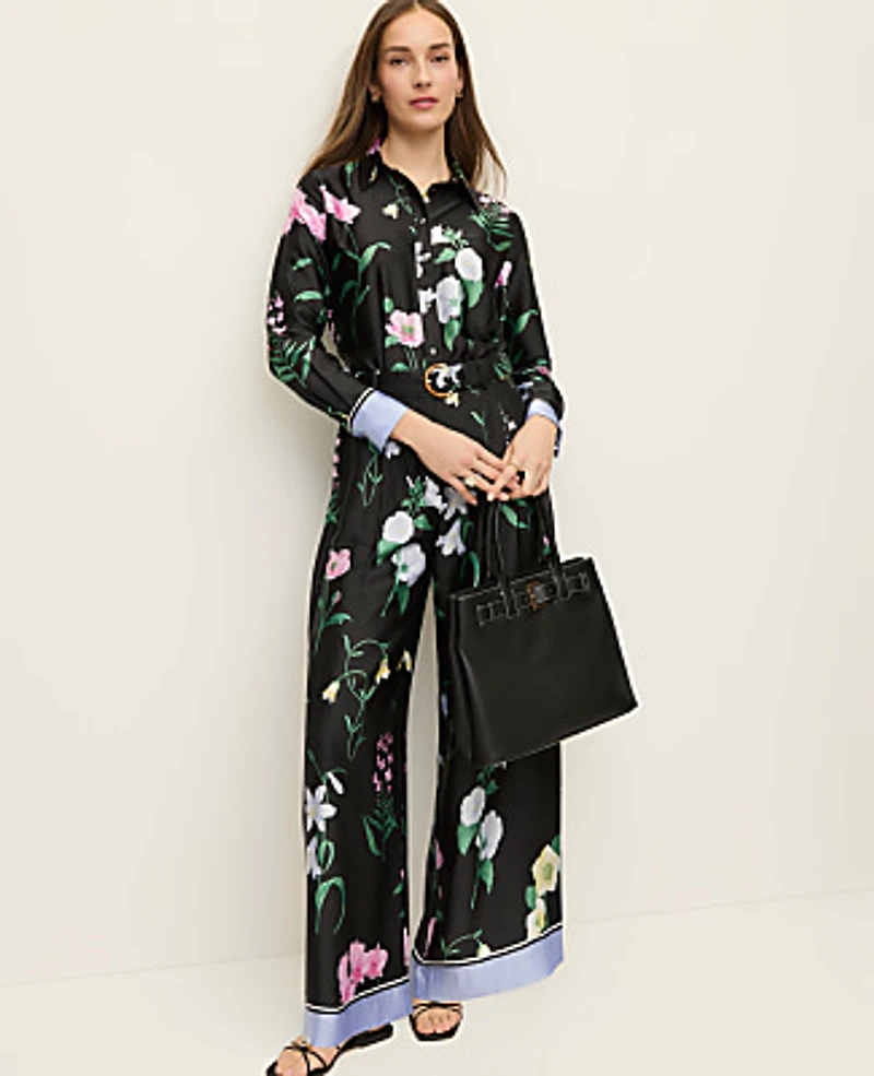 Ann Taylor The Petite Floral Pleated Wide-Leg Pant in Satin Size 2 Black Women's