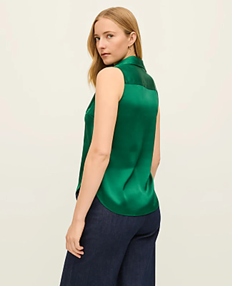 Ann Taylor Satin Sleeveless Essential Shirt Midnight Emerald Women's
