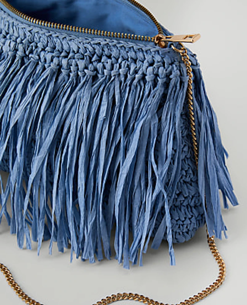 Ann Taylor Raffia Fringe Clutch Handbag Vista Blue Women's