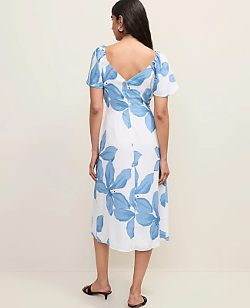 Ann Taylor Petite Floral Shirred Flare Midi Dress Size 00 Blue Women's