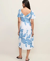 Ann Taylor Petite Floral Shirred Flare Midi Dress Size 00 Blue Women's