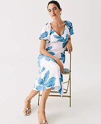 Ann Taylor Petite Floral Shirred Flare Midi Dress Size 00 Blue Women's