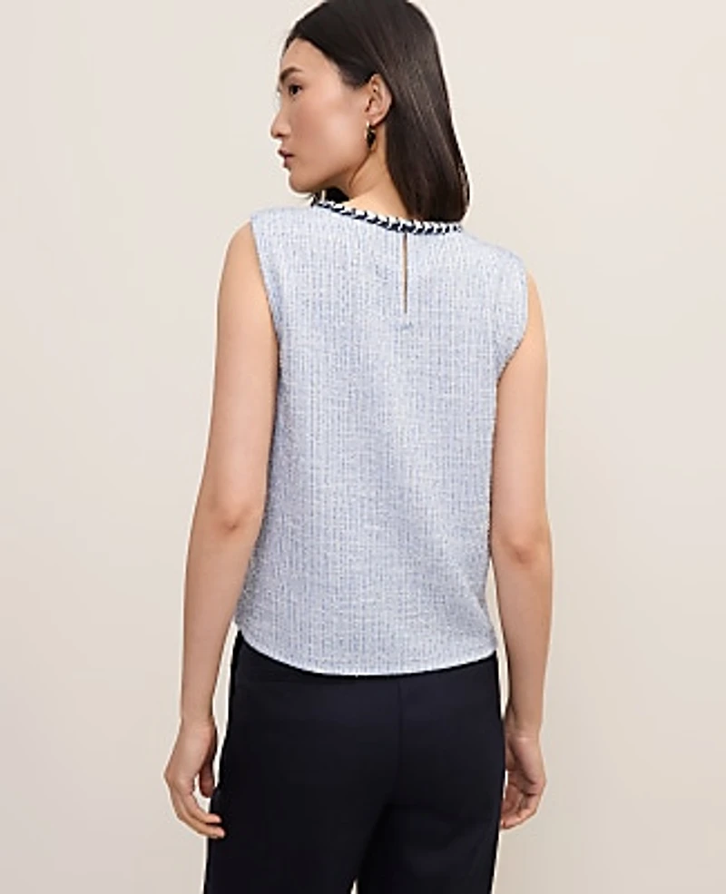 Ann Taylor Petite Braid Trim Tweed Top Soft Blue Multi Women's