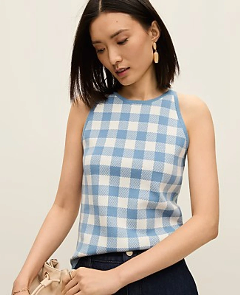 Ann Taylor Petite Gingham Halter Shell Top Size 2XS Sea Haze Women's