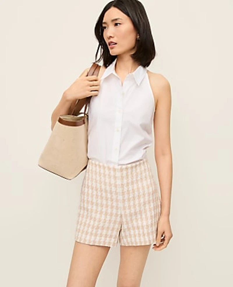Ann Taylor The Petite Side-Zip Short Houndstooth Tweed Pale Sandalwood Women's