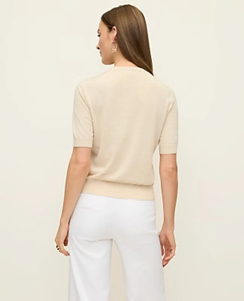 Ann Taylor Shell Top Button Short Sleeve Linen Cardigan Size XL Sand Shell Top Women's