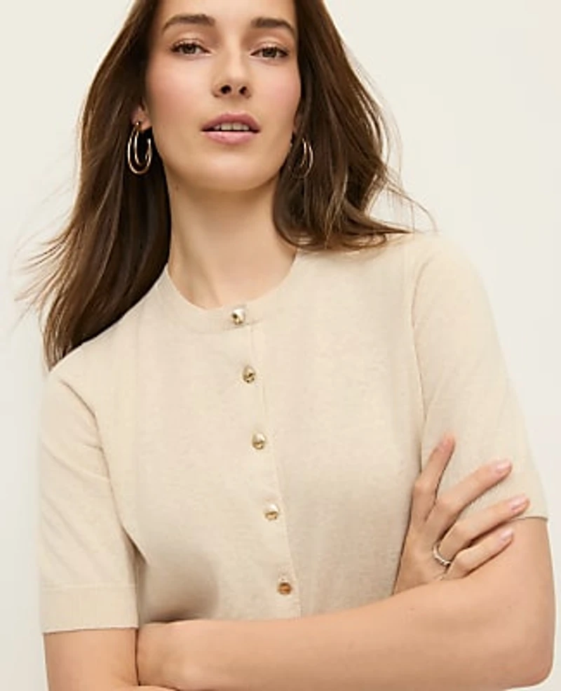 Ann Taylor Shell Top Button Short Sleeve Linen Cardigan Size XL Sand Shell Top Women's