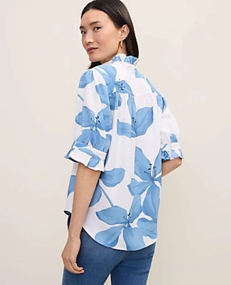 Ann Taylor Floral Ruffle Collar Shirt Blue Women's