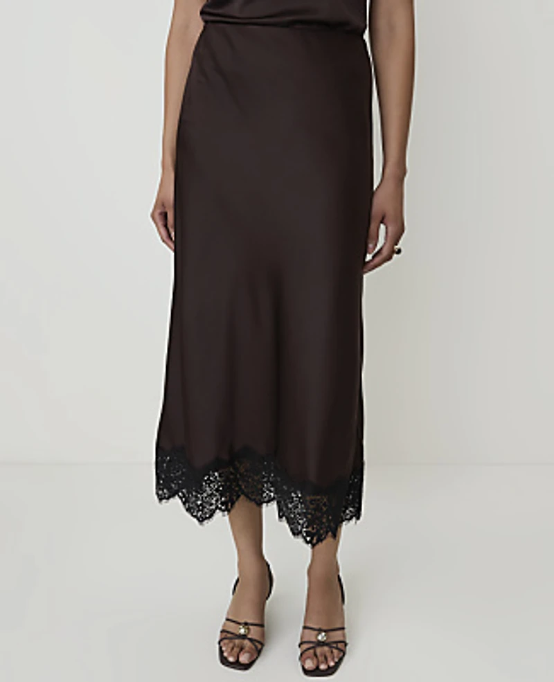 Ann Taylor Petite Lace Trim Midi Slip Skirt Satin French Mocha Women's