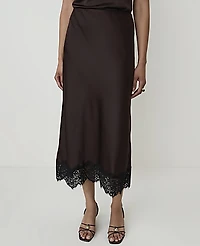 Ann Taylor Petite Lace Trim Midi Slip Skirt Satin French Mocha Women's