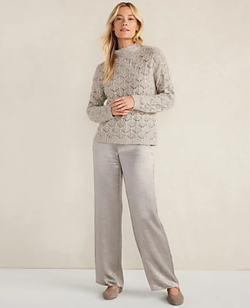 Ann Taylor Haven Well Within Lurex Blend Pointelle Crewneck Sweater Oyster Shell Top Women's