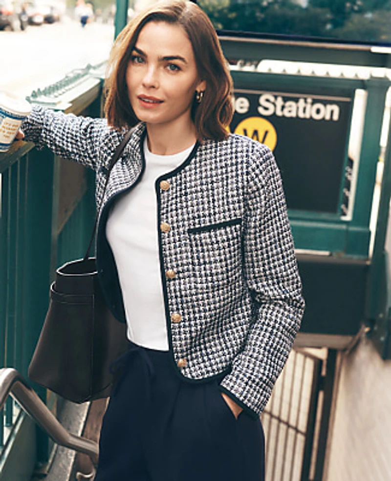 Ann Taylor Weekend Tweed Crew Neck Jacket Night Sky Women's
