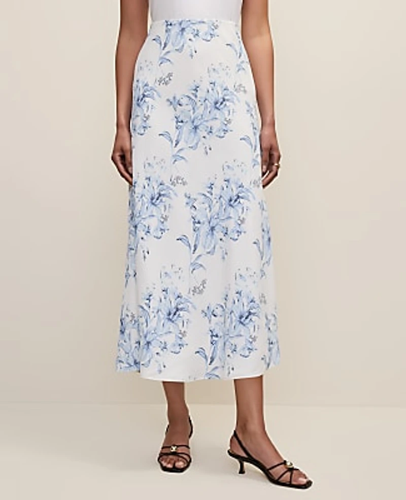 Ann Taylor Floral Bias Midi Slip Skirt Size Large White-Blue Women's
