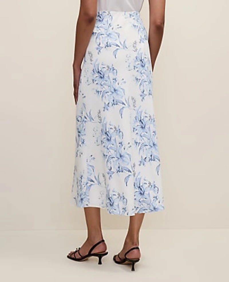 Ann Taylor Floral Bias Midi Slip Skirt Size Large White-Blue Women's