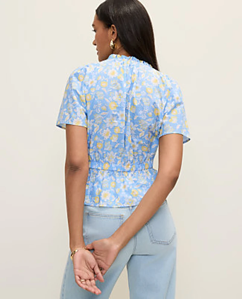Ann Taylor Weekend Floral Gathered Peplum Blouse Vista Blue Women's