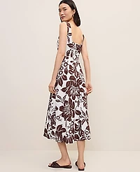 Ann Taylor Petite Floral Flare Midi Dress Linen Blend Rich Walnut Women's