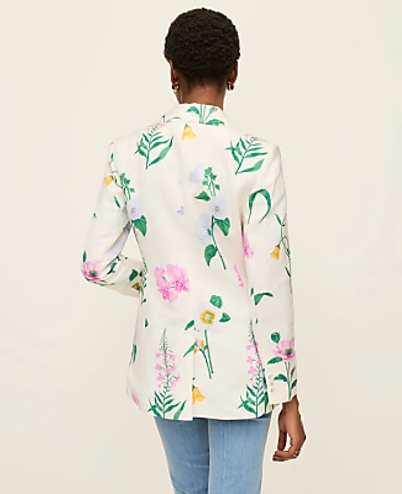 Ann Taylor The Petite Long Single Button Blazer in Floral Linen Blend Size 4 Winter White Women's