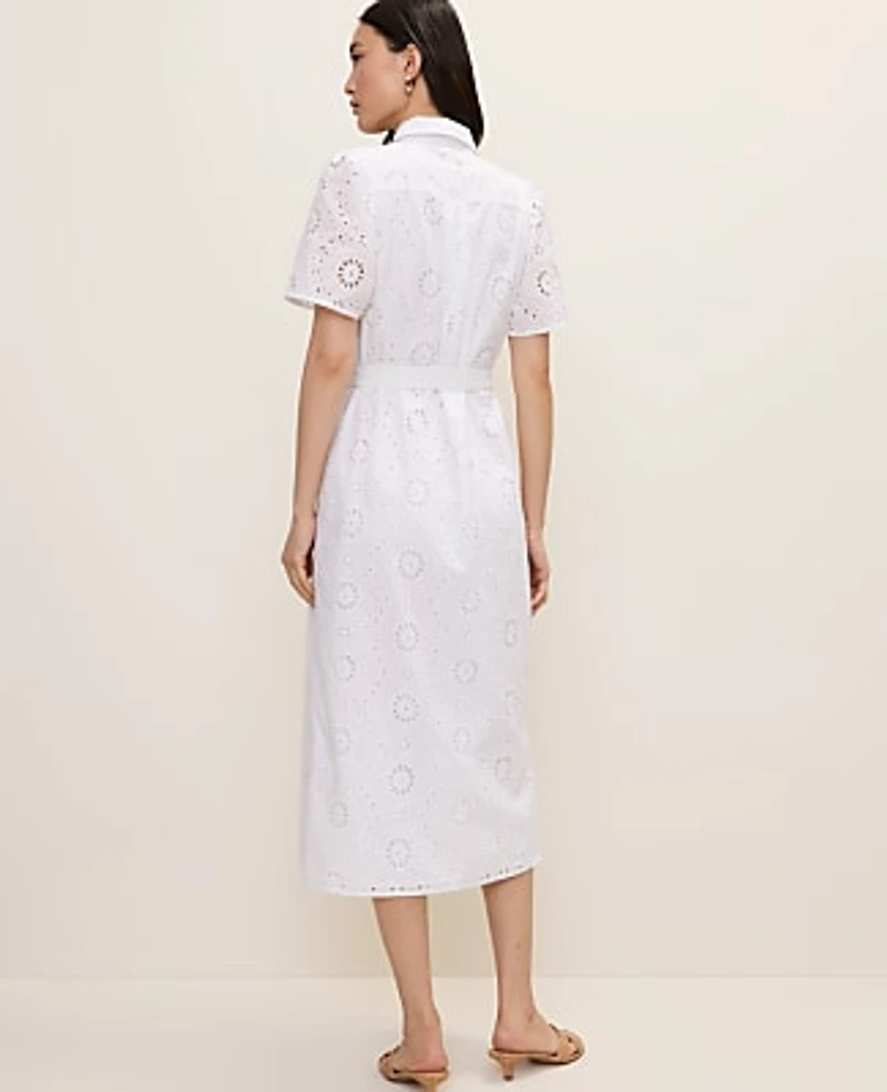 Ann Taylor Petite Eyelet Collared Midi Shirtdress White Women's