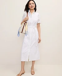 Ann Taylor Petite Eyelet Collared Midi Shirtdress White Women's