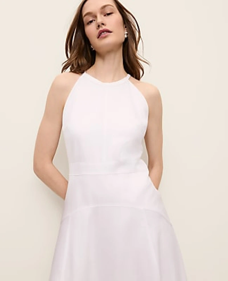 Ann Taylor Halter Flare Midi Dress Linen Blend White Women's