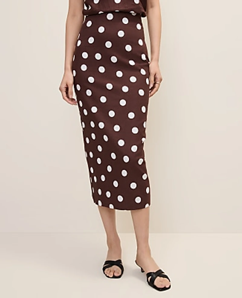 Ann Taylor Polka Dot Midi Pencil Skirt Linen Blend Rich Walnut Women's