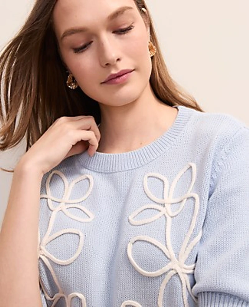 Ann Taylor Floral Appliqué Sweater T-Shirt Coastal Glow Women's