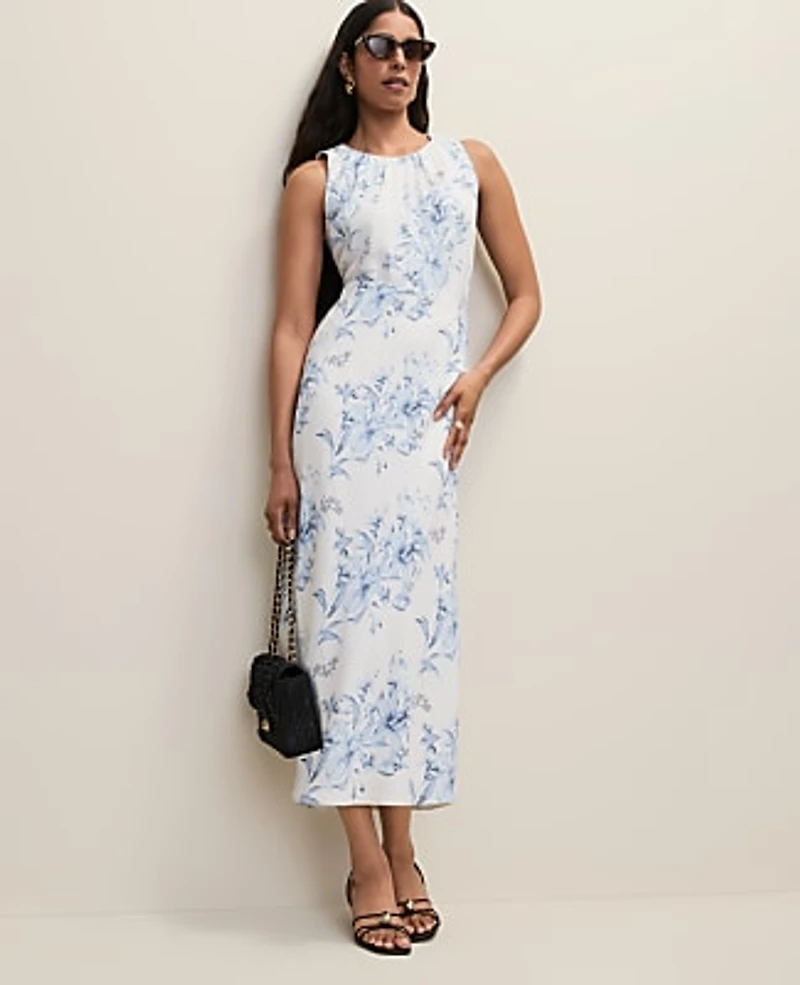 Ann Taylor Floral Shirred Tank Top White-Blue Women's