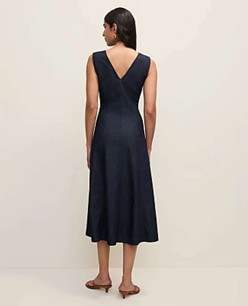 Ann Taylor Petite V-Neck Chambray Flare Midi Dress Size 00 Dark Indigo Women's