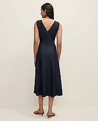 Ann Taylor Petite V-Neck Chambray Flare Midi Dress Size 00 Dark Indigo Women's