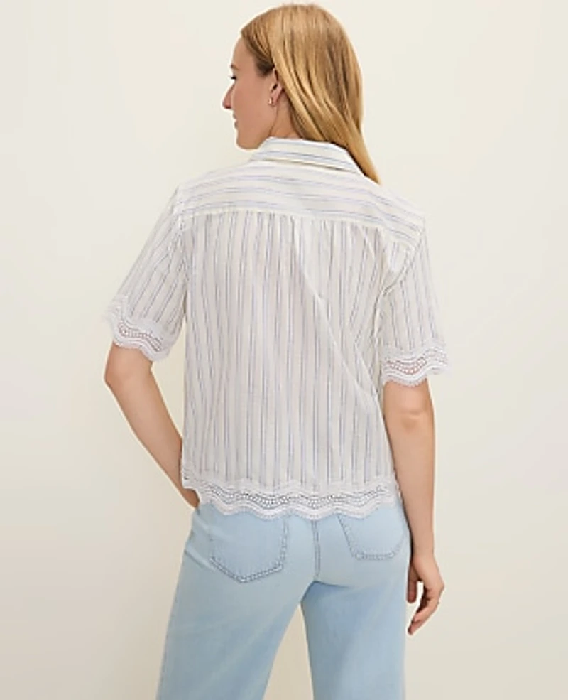 Ann Taylor Weekend Embroidered Striped Shirt Yellow Pavlova Women's