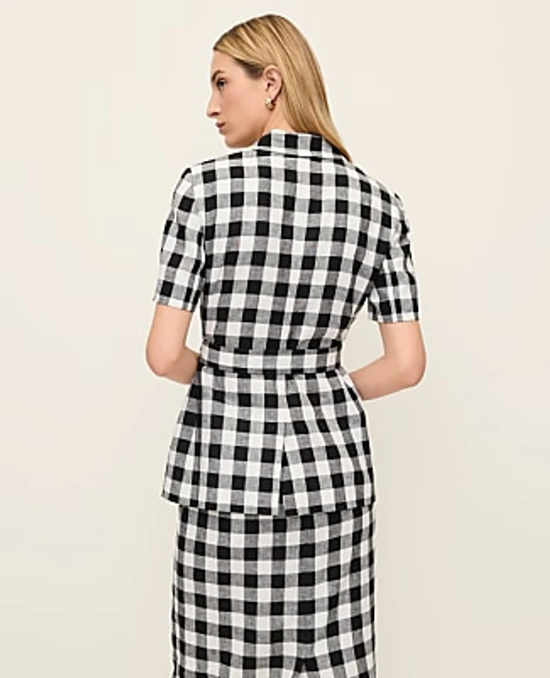 Ann Taylor The Petite Belted Greenwich Blazer Gingham Linen Blend Black - Ww Women's
