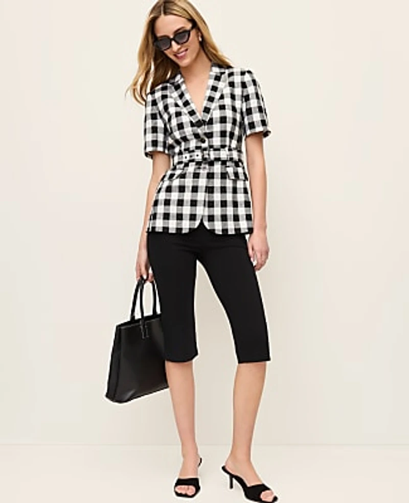 Ann Taylor The Petite Belted Greenwich Blazer Gingham Linen Blend Black - Ww Women's