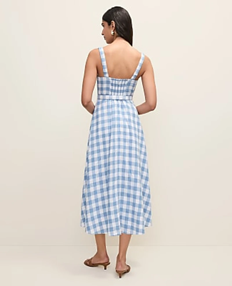 Ann Taylor Petite Gingham Belted Midi Dress Linen Blend Sea Haze Women's