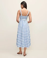 Ann Taylor Petite Gingham Belted Midi Dress Linen Blend Sea Haze Women's