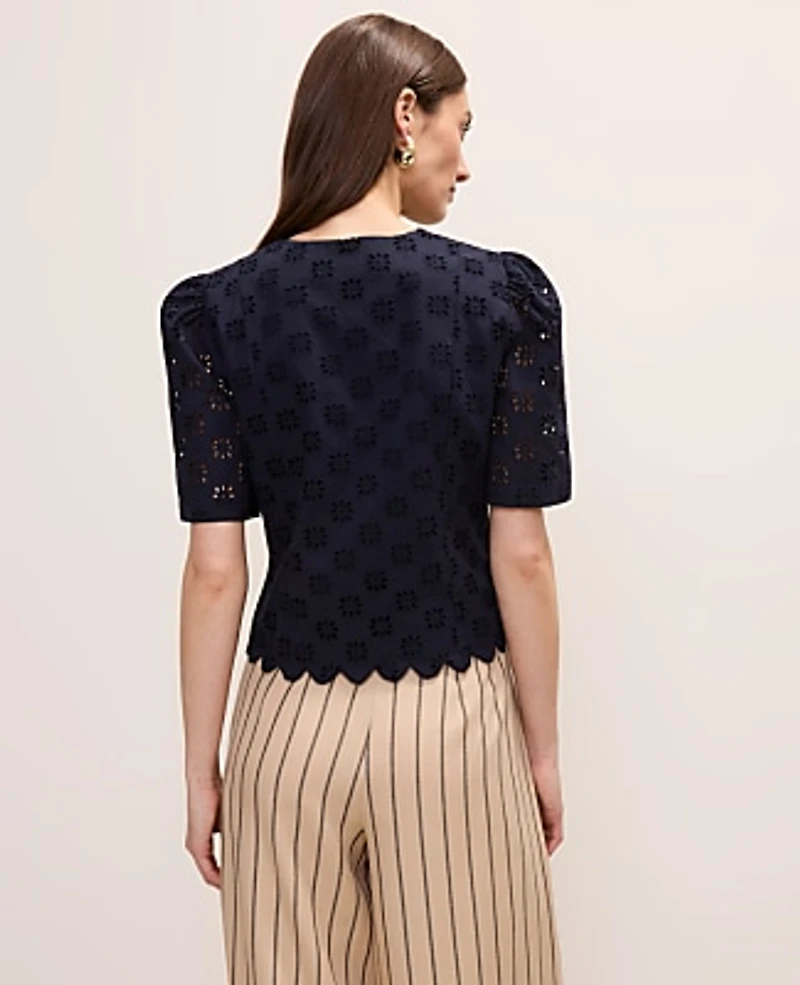 Ann Taylor Petite Eyelet Tie Front Blouse Night Sky Women's