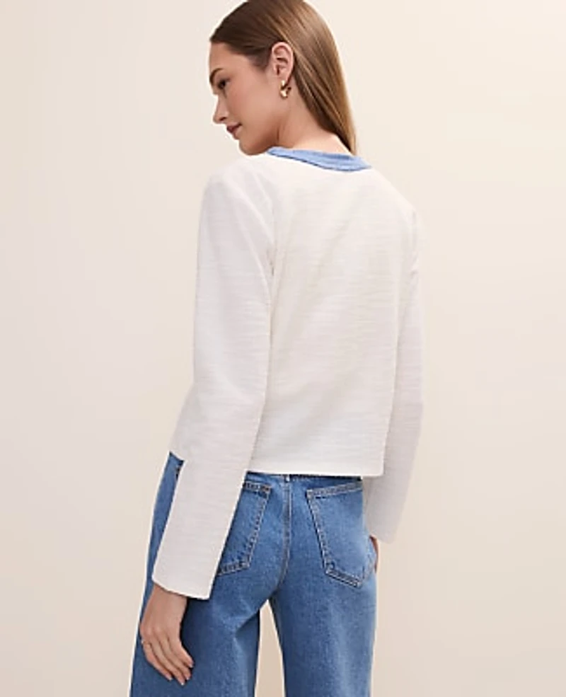 Ann Taylor Fringe Trim Cropped Tweed Jacket Winter White Women's