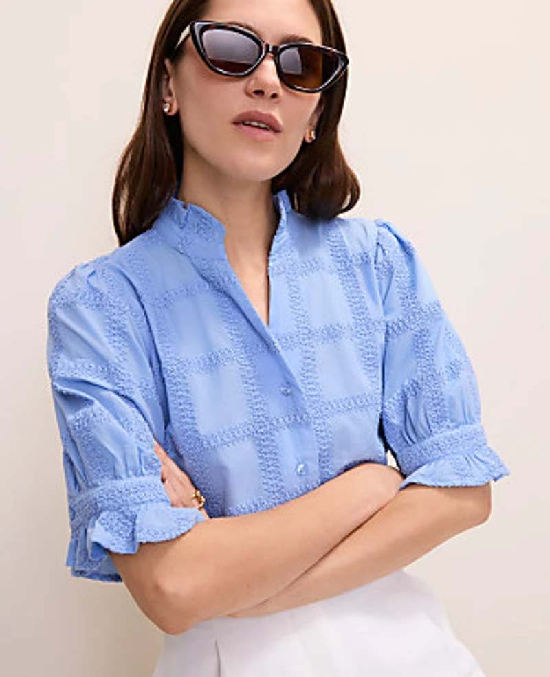 Ann Taylor Crochet Ruffle Collar Blouse Vista Blue Women's