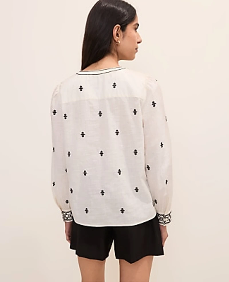 Ann Taylor Embroidered Split Neck Blouse Winter White Women's